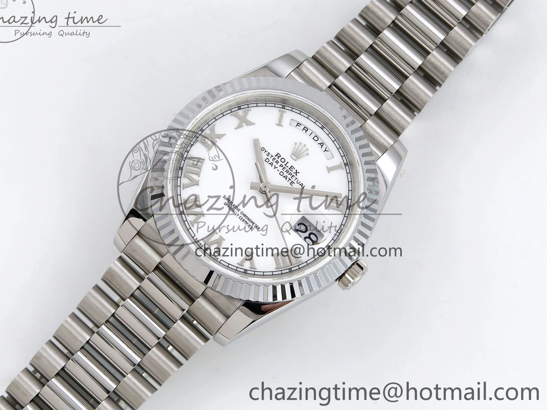 MiroTime 0108 DayDate 40 SS JDF 904L Steel White Roman Dial on President Bracelet VR3255 V3 (Gain Weight) Resilient 1424